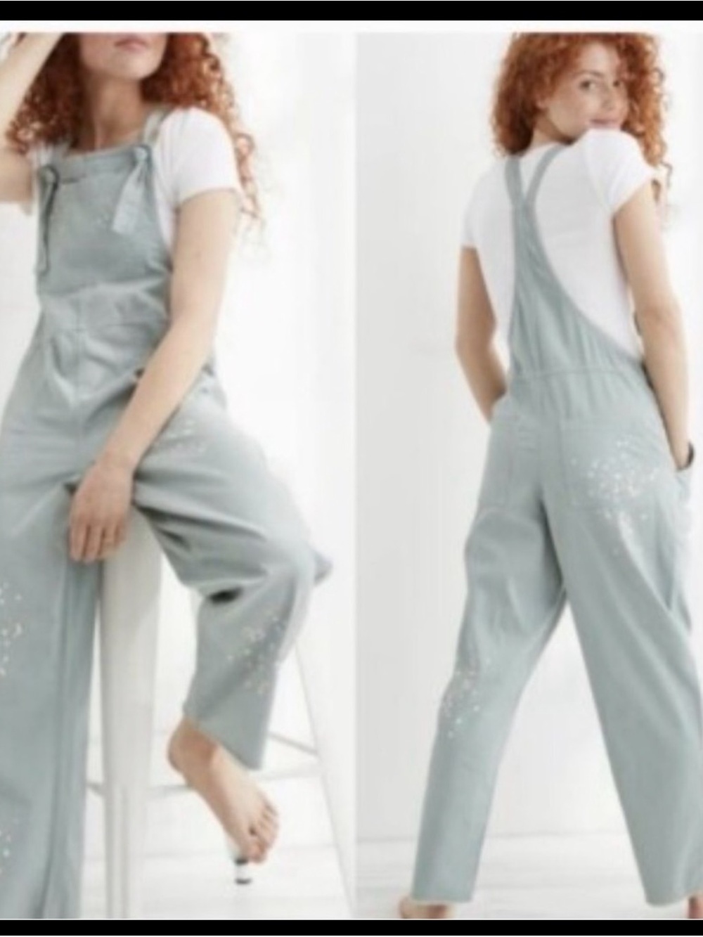 aerie Mint Green Overalls with Subtle Paint Detail